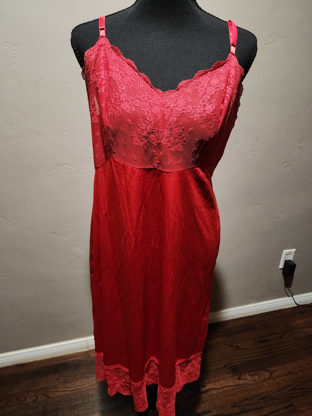 Vanity Fair Red Lace-Trim Satin Chemise